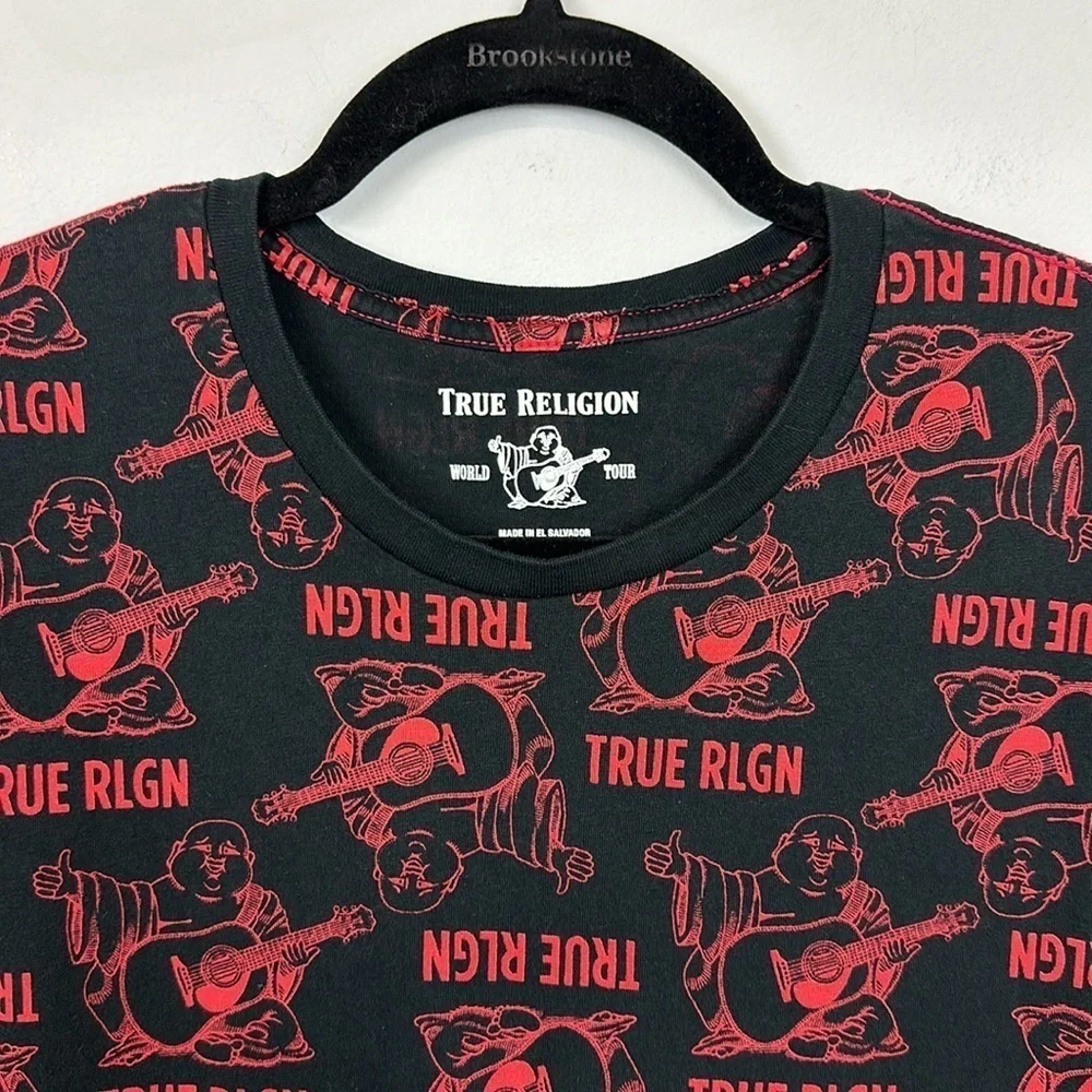 True Religion Buddha Mono Crew Neck Cotton T-shirt in Black/red Sz M